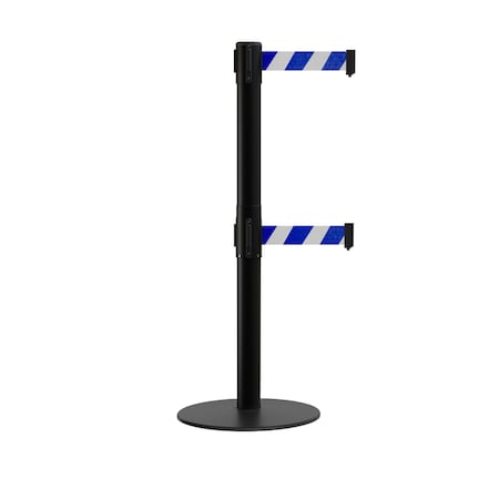 Montour Line Stanchion Dual Belt Barrier Flat Base Black Post 7.5ftBlu/Wh Belt S400D-BK-BWD-75